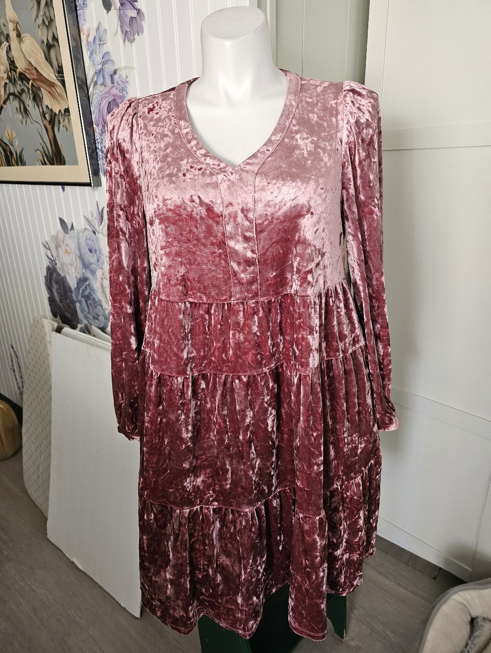 Adyson Parker 1X Pink Crushed Velvet Tiered Dress V-Neck Long Sleeve Boho Pocket